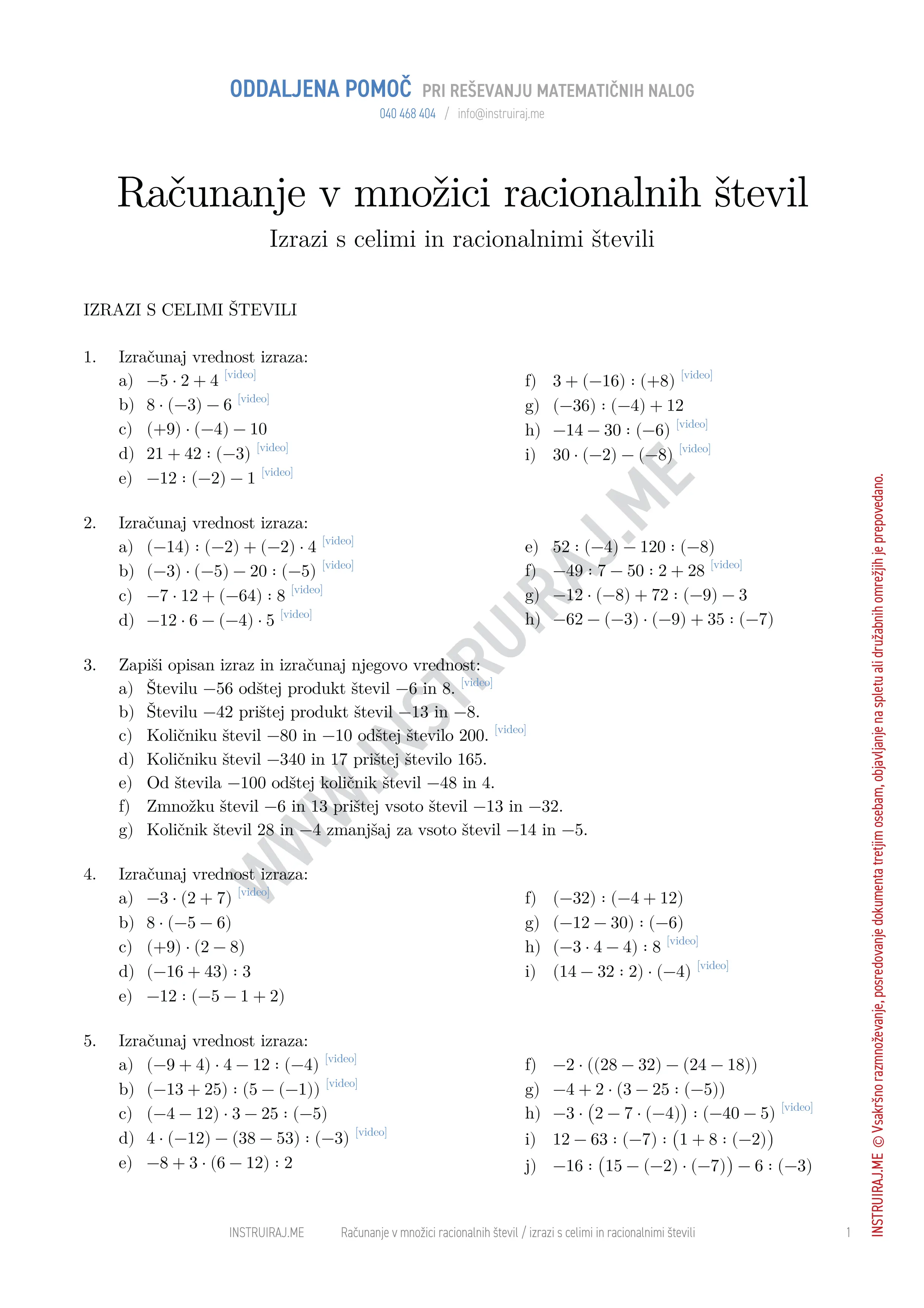 Računanje v množici racionalnih števil: Izrazi s celimi in racionalnimi števili
